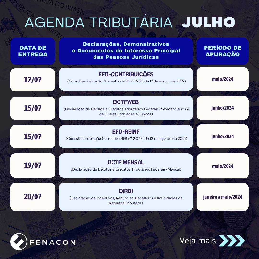 Confira a agenda tributária do mês de julho