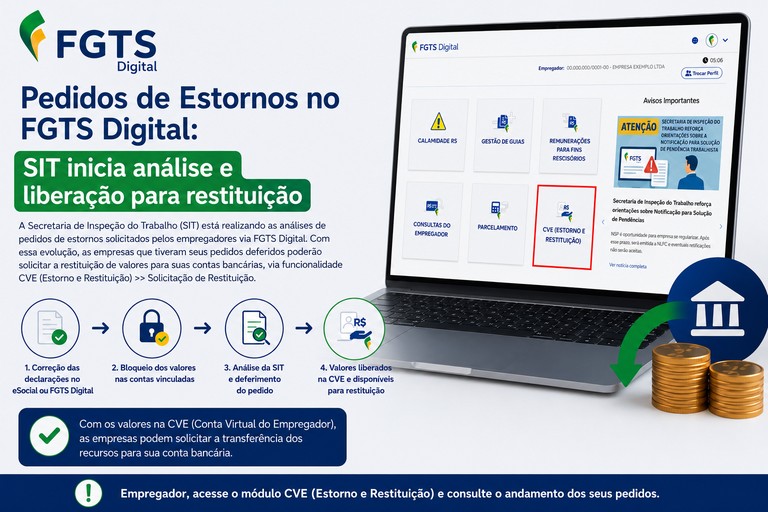 Solicitações de Estornos no FGTS Digital: SIT inicia análise e empregadores já podem solicitar restituição